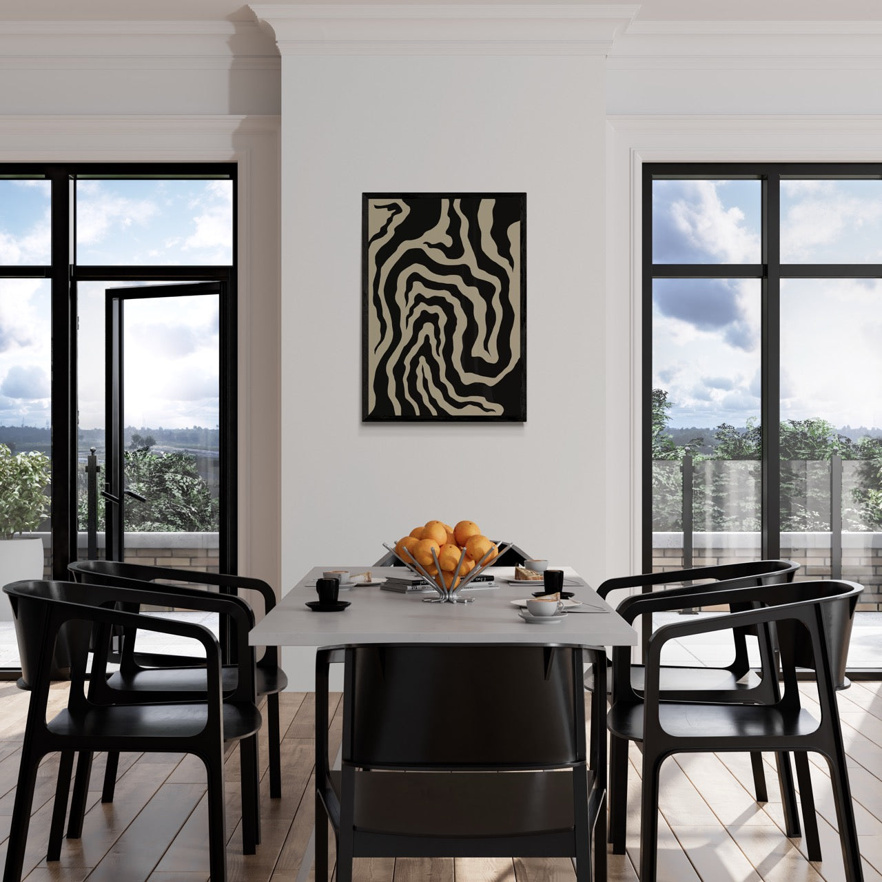 Modern dining room with a table, chairs, and a decorative wall art piece.