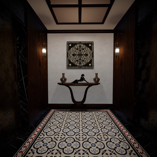 Decorative hallway with patterned rug, wall art, and console table.