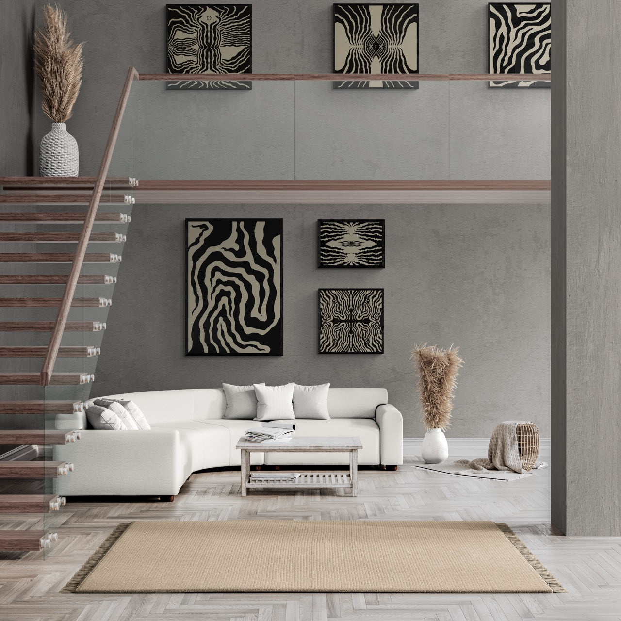 Modern living room with a white sofa, coffee table, and decorative elements.