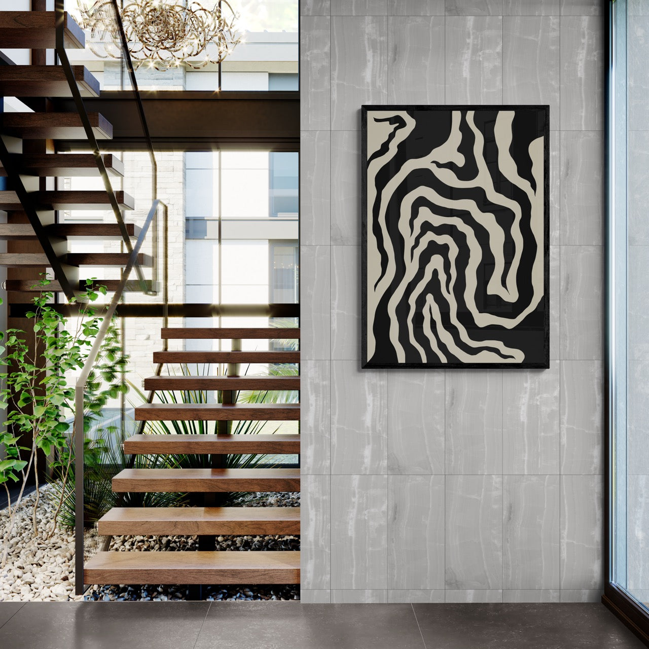 Modern interior with wooden staircase and abstract wall art on a gray tiled wall.